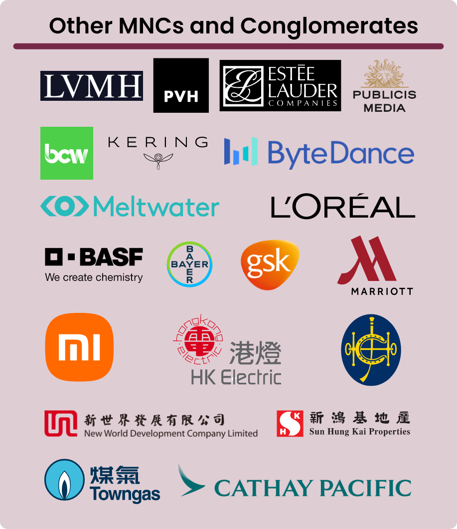 LVMH,PVH,ESTEE LAUDER, PUBLICIS MEDIA,bcw,KERING,ByteDance,Meltwater,L’OREAL, BASF.BAYER,gsk,MARRIOTT,MI,HK Electric, Jockey Club, New World Development Company Limited, Sun Hung Kai Properties, Towngas, Cathay Pacific
